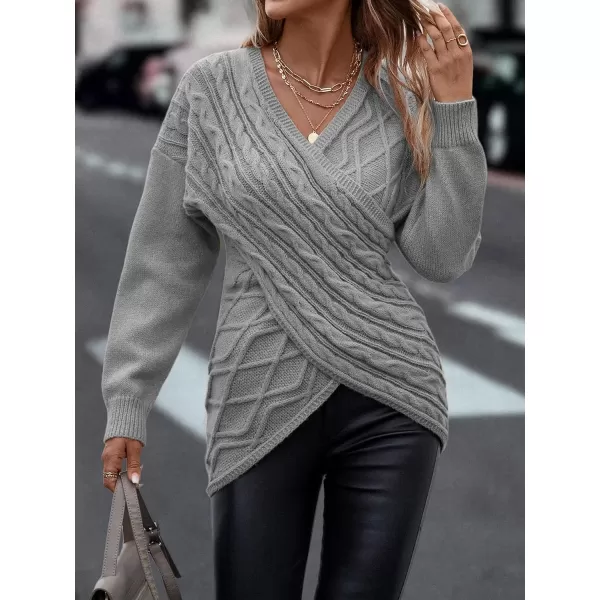WDIRARA Women's Wrap V Neck Criss Cross Long Sleeve Asymmetrical Sweater Cable Knit Tops