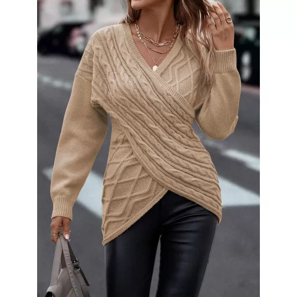 WDIRARA Women's Wrap V Neck Criss Cross Long Sleeve Asymmetrical Sweater Cable Knit Tops
