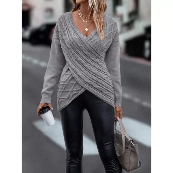 WDIRARA Women's Wrap V Neck Criss Cross Long Sleeve Asymmetrical Sweater Cable Knit Tops