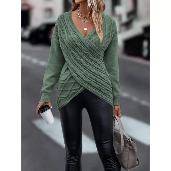 WDIRARA Women's Wrap V Neck Criss Cross Long Sleeve Asymmetrical Sweater Cable Knit Tops