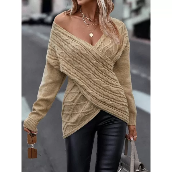 WDIRARA Women's Wrap V Neck Criss Cross Long Sleeve Asymmetrical Sweater Cable Knit Tops