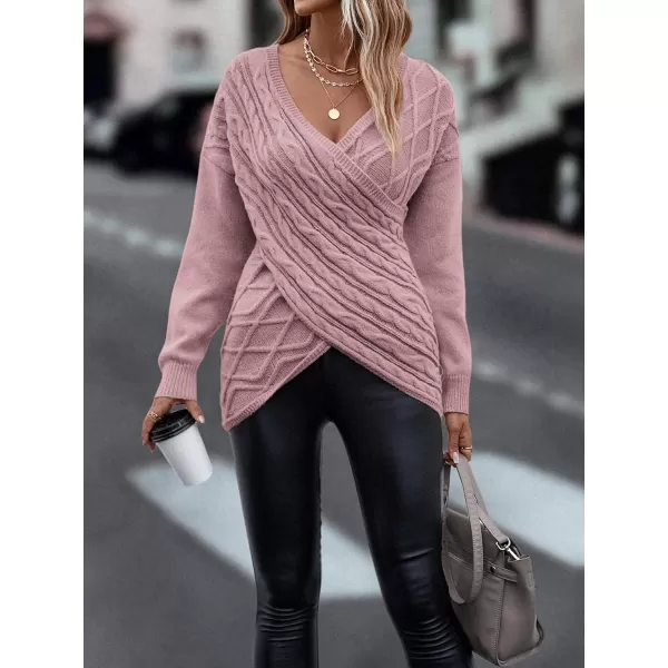 WDIRARA Women's Wrap V Neck Criss Cross Long Sleeve Asymmetrical Sweater Cable Knit Tops