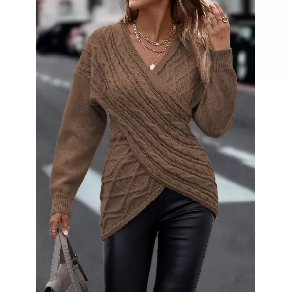 WDIRARA Women's Wrap V Neck Criss Cross Long Sleeve Asymmetrical Sweater Cable Knit Tops