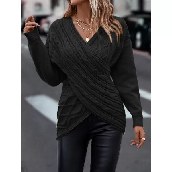 WDIRARA Women's Wrap V Neck Criss Cross Long Sleeve Asymmetrical Sweater Cable Knit Tops