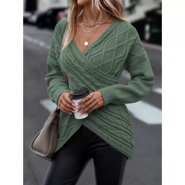 WDIRARA Women's Wrap V Neck Criss Cross Long Sleeve Asymmetrical Sweater Cable Knit Tops