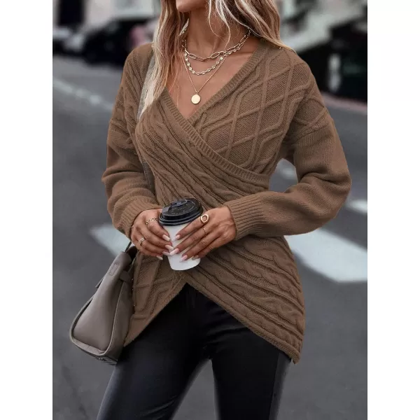 WDIRARA Women's Wrap V Neck Criss Cross Long Sleeve Asymmetrical Sweater Cable Knit Tops
