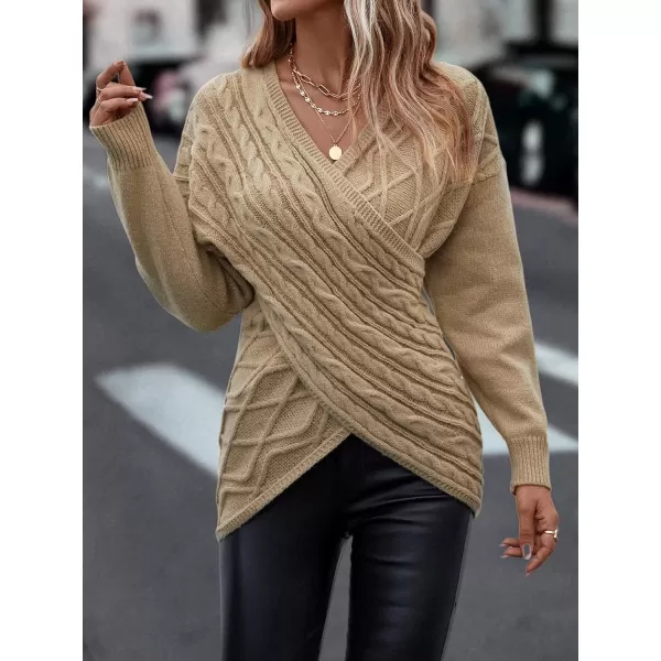 WDIRARA Women's Wrap V Neck Criss Cross Long Sleeve Asymmetrical Sweater Cable Knit Tops