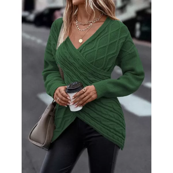 WDIRARA Women's Wrap V Neck Criss Cross Long Sleeve Asymmetrical Sweater Cable Knit Tops