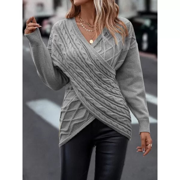 WDIRARA Women's Wrap V Neck Criss Cross Long Sleeve Asymmetrical Sweater Cable Knit Tops