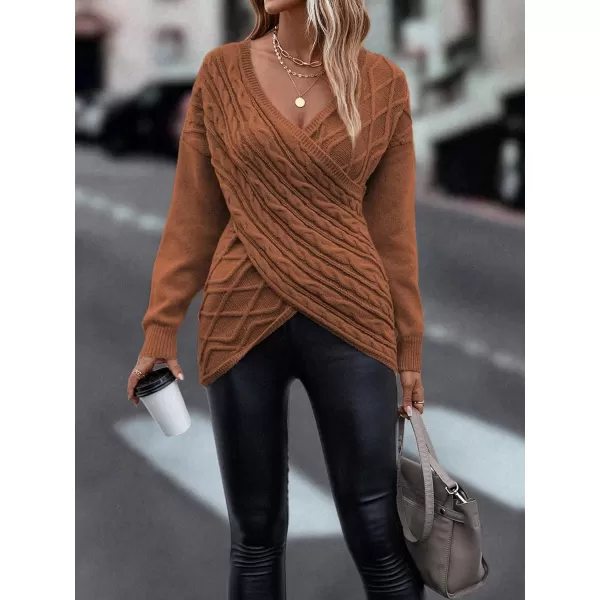 WDIRARA Women's Wrap V Neck Criss Cross Long Sleeve Asymmetrical Sweater Cable Knit Tops