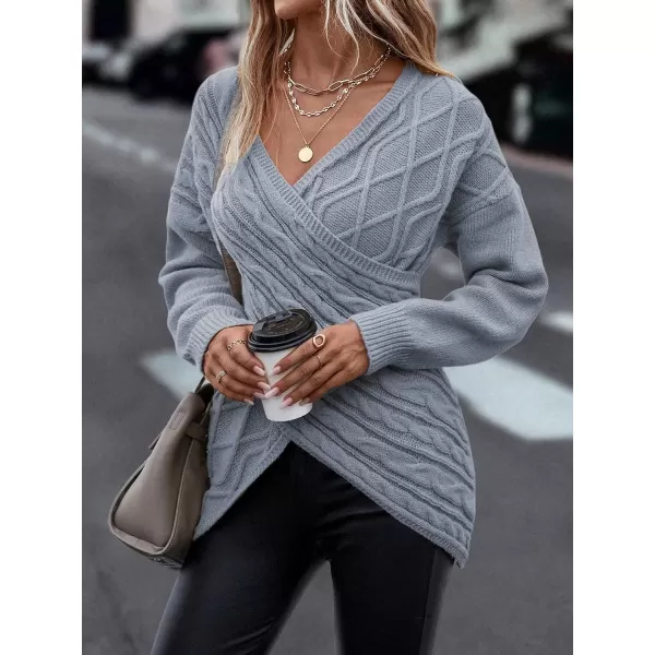WDIRARA Women's Wrap V Neck Criss Cross Long Sleeve Asymmetrical Sweater Cable Knit Tops
