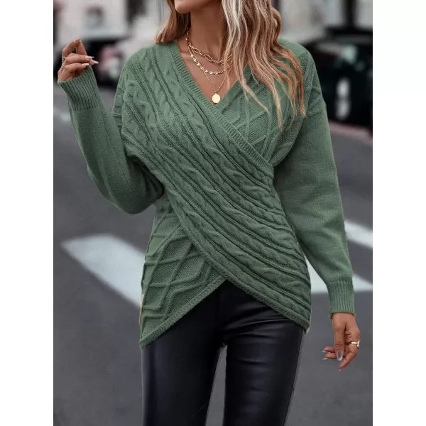 WDIRARA Women's Wrap V Neck Criss Cross Long Sleeve Asymmetrical Sweater Cable Knit Tops