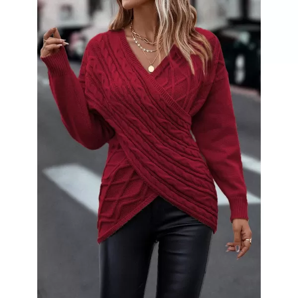 WDIRARA Women's Wrap V Neck Criss Cross Long Sleeve Asymmetrical Sweater Cable Knit Tops