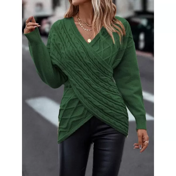 WDIRARA Women's Wrap V Neck Criss Cross Long Sleeve Asymmetrical Sweater Cable Knit Tops