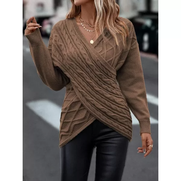WDIRARA Women's Wrap V Neck Criss Cross Long Sleeve Asymmetrical Sweater Cable Knit Tops