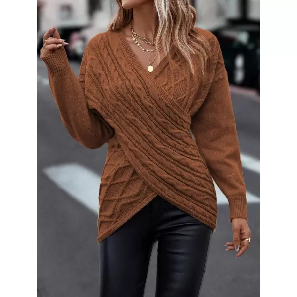 WDIRARA Women's Wrap V Neck Criss Cross Long Sleeve Asymmetrical Sweater Cable Knit Tops