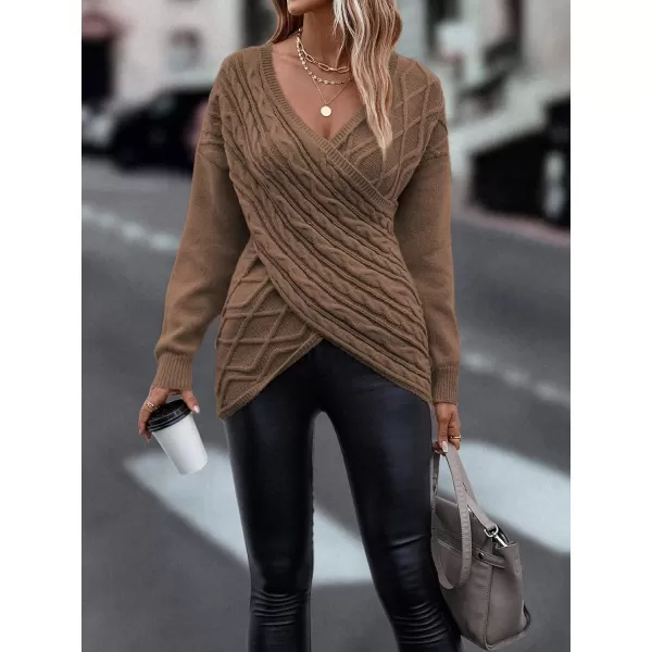WDIRARA Women's Wrap V Neck Criss Cross Long Sleeve Asymmetrical Sweater Cable Knit Tops