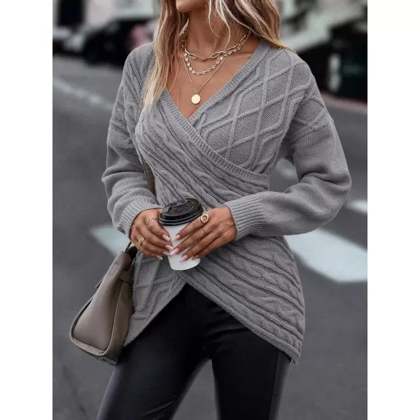 WDIRARA Women's Wrap V Neck Criss Cross Long Sleeve Asymmetrical Sweater Cable Knit Tops
