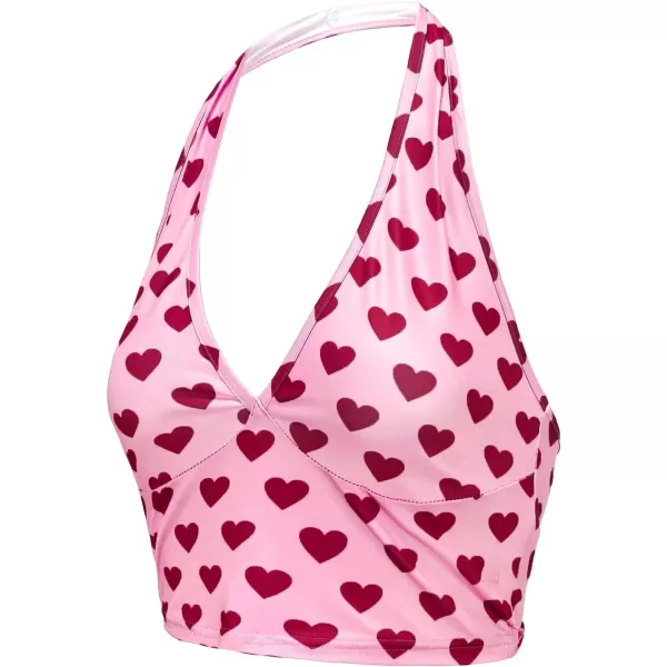 WDIRARA Women's Y2K Halter Backless Sexy Heart Print Sleeveless Club Crop Tank Tops