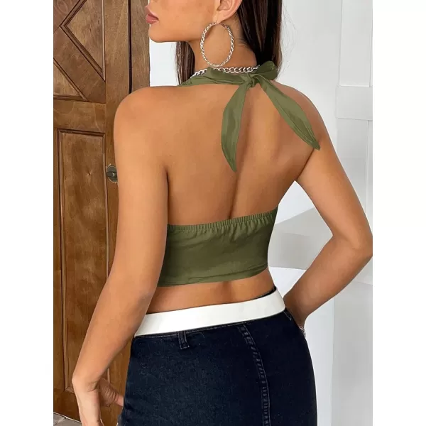 WDIRARA Women's Y2K Halter Top Deep V Backless Asymmetrical Hem Cami Crop Tops
