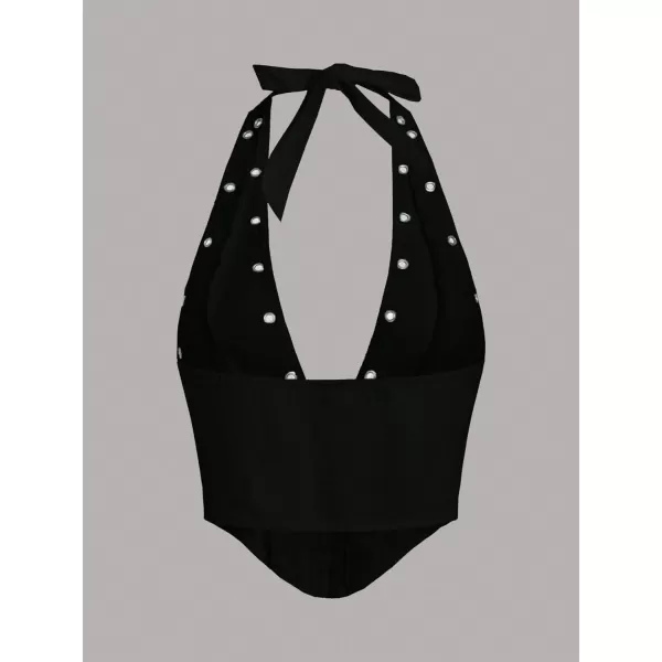 WDIRARA Women's Y2K Halter Top Deep V Backless Asymmetrical Hem Cami Crop Tops