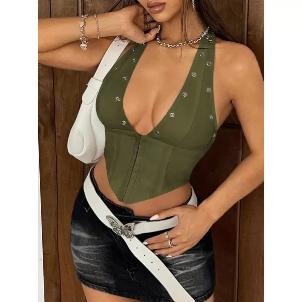 WDIRARA Women's Y2K Halter Top Deep V Backless Asymmetrical Hem Cami Crop Tops