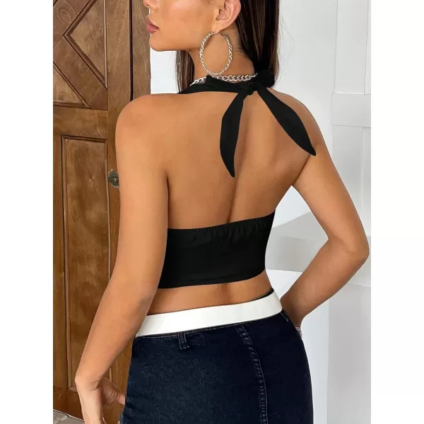 WDIRARA Women's Y2K Halter Top Deep V Backless Asymmetrical Hem Cami Crop Tops