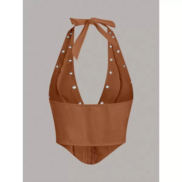 WDIRARA Women's Y2K Halter Top Deep V Backless Asymmetrical Hem Cami Crop Tops