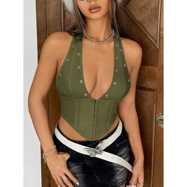 WDIRARA Women's Y2K Halter Top Deep V Backless Asymmetrical Hem Cami Crop Tops