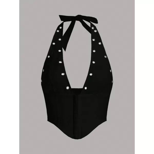 WDIRARA Women's Y2K Halter Top Deep V Backless Asymmetrical Hem Cami Crop Tops