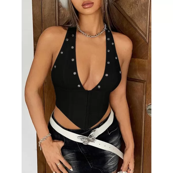 WDIRARA Women's Y2K Halter Top Deep V Backless Asymmetrical Hem Cami Crop Tops