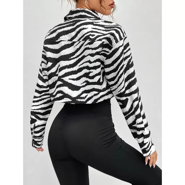 WDIRARA Women's Zebra Print Button Down Crop Jacket Collared Drop Shoulder Long Sleeve Cropped Shacket Jacket