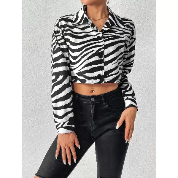WDIRARA Women's Zebra Print Button Down Crop Jacket Collared Drop Shoulder Long Sleeve Cropped Shacket Jacket