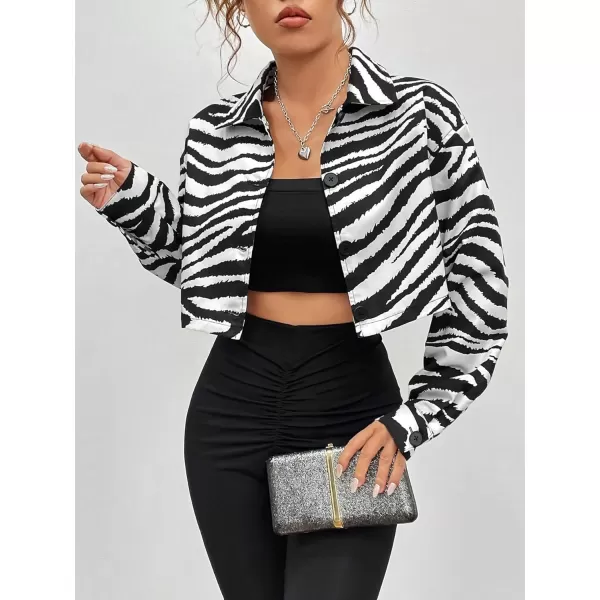 WDIRARA Women's Zebra Print Button Down Crop Jacket Collared Drop Shoulder Long Sleeve Cropped Shacket Jacket