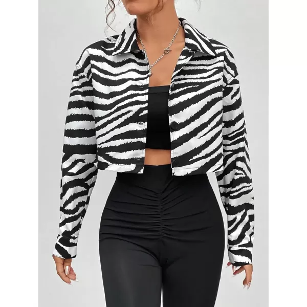 WDIRARA Women's Zebra Print Button Down Crop Jacket Collared Drop Shoulder Long Sleeve Cropped Shacket Jacket