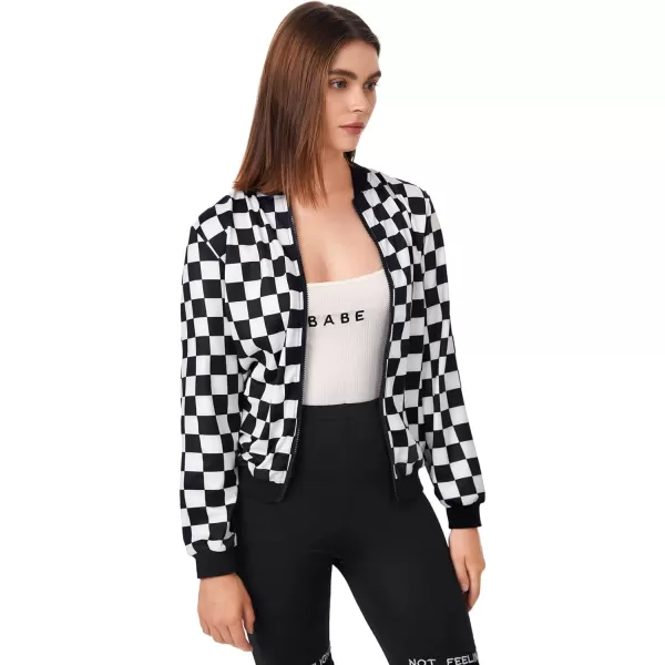 WDIRARA Women's Zip Front Plaid Print Long Sleeve Stand Collar Casual Jacket