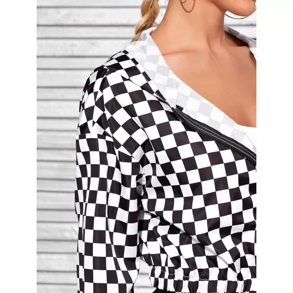WDIRARA Women's Zip Front Plaid Print Long Sleeve Stand Collar Casual Jacket