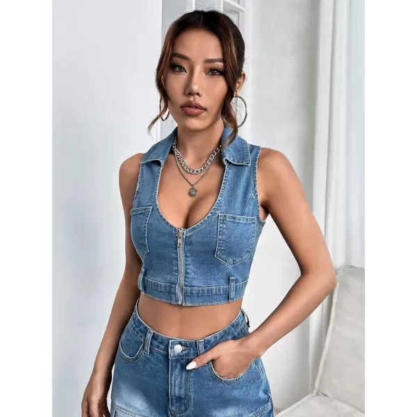 WDIRARA Women's Zipper Up Collared Scoop Neck Sleeveless Patched Pockets Denim Tank Top