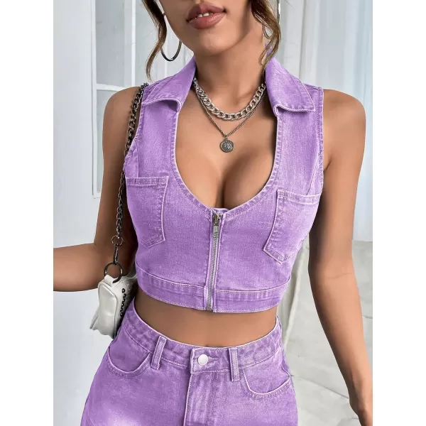 WDIRARA Women's Zipper Up Collared Scoop Neck Sleeveless Patched Pockets Denim Tank Top