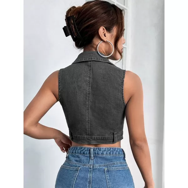 WDIRARA Women's Zipper Up Collared Scoop Neck Sleeveless Patched Pockets Denim Tank Top
