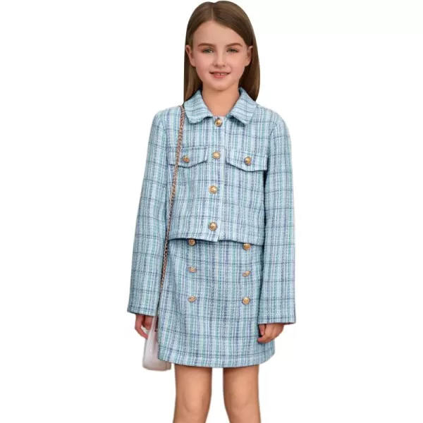 WDIRARA Girl's 2 Piece Outfits Button Front Long Sleeve Tweed Jacket and Skirt Set