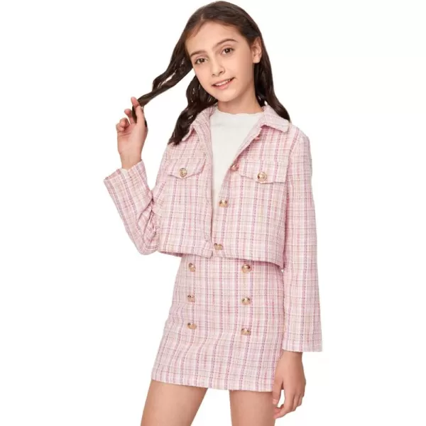 WDIRARA Girl's 2 Piece Outfits Button Front Long Sleeve Tweed Jacket and Skirt Set