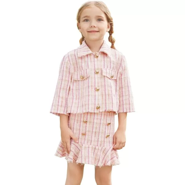 WDIRARA Girl's 2 Piece Outfits Button Front Long Sleeve Tweed Jacket and Skirt Set