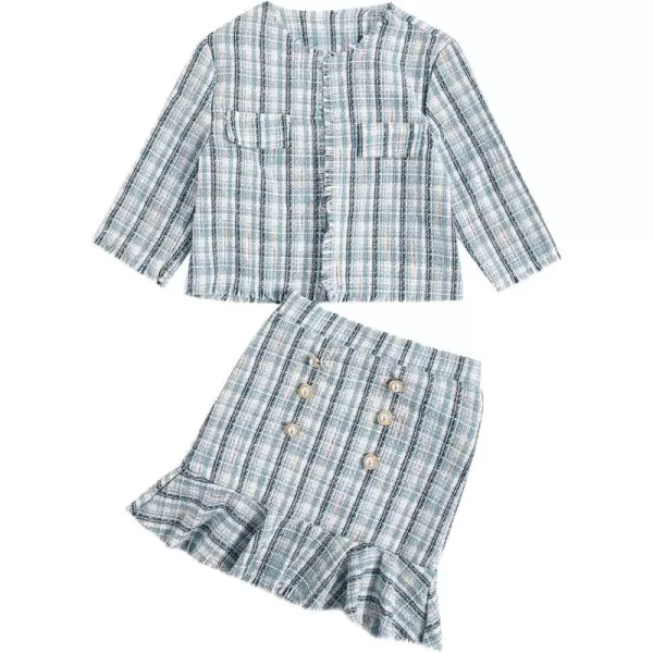 WDIRARA Girl's 2 Piece Outfits Plaid Tweed Half Sleeve Jacket and Ruffle Mini Skirt Set