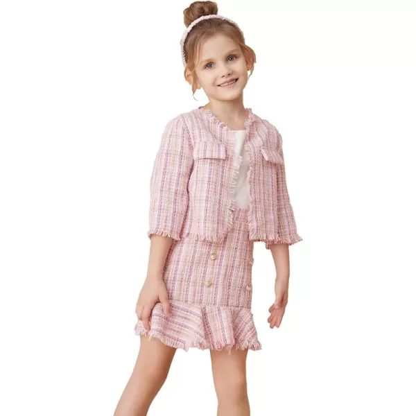 WDIRARA Girl's 2 Piece Outfits Plaid Tweed Half Sleeve Jacket and Ruffle Mini Skirt Set