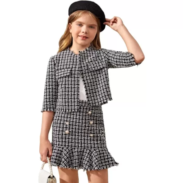 WDIRARA Girl's 2 Piece Outfits Plaid Tweed Half Sleeve Jacket and Ruffle Mini Skirt Set