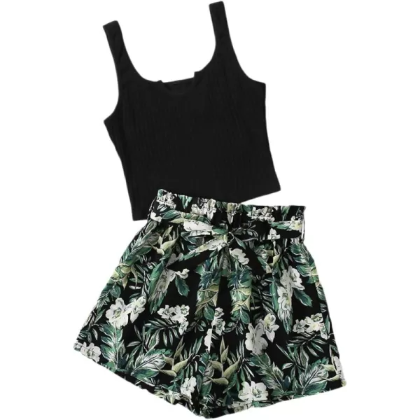 WDIRARA Girl's 2 Piece Outfits Rib Knit Tank Top and Tropical Print Belted Shorts Set