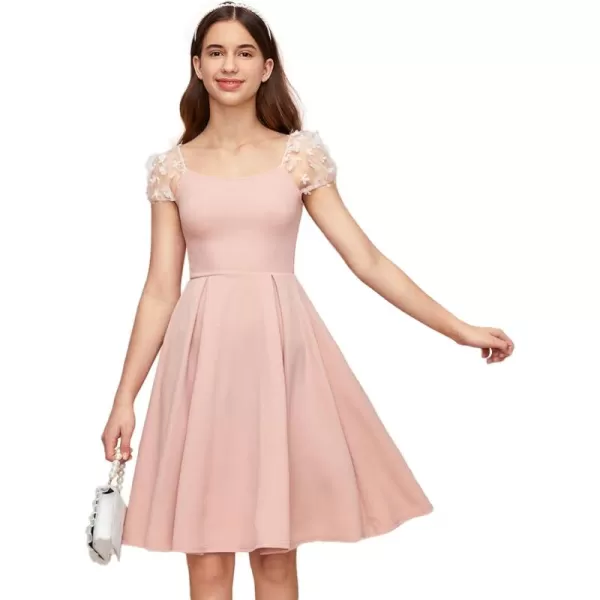 WDIRARA Girl's Appliques Mesh Puff Sleeve Square Neck Ruffle Hem Dress