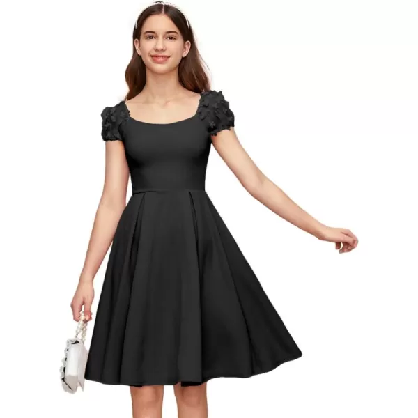 WDIRARA Girl's Appliques Mesh Puff Sleeve Square Neck Ruffle Hem Dress
