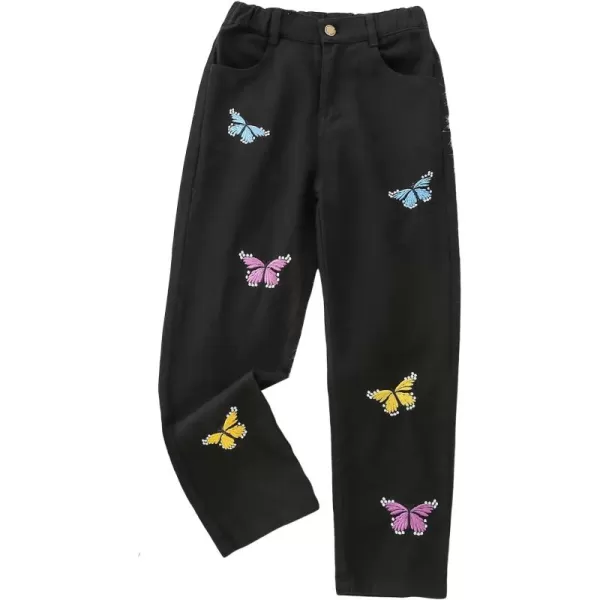 WDIRARA Girl's Butterfly Print Elastic Waist Wide Leg Ripped Jeans Denim Pants